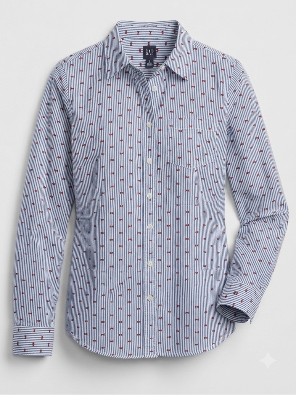Gap Blue White Striped Embroidered Bow Button Down Shirt Boyfriend Fit Large